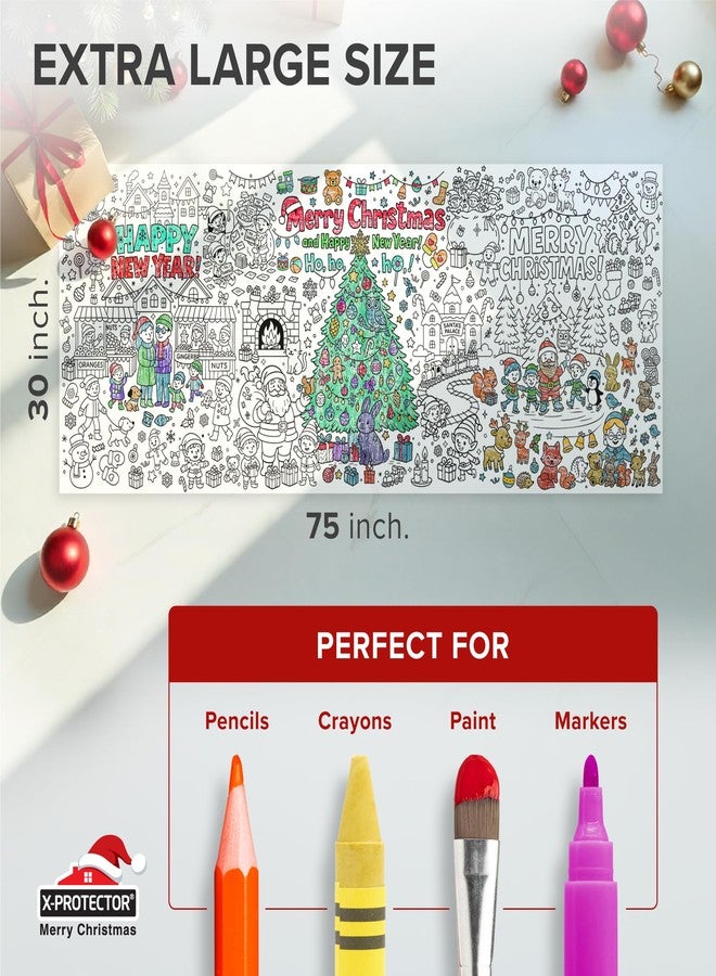 إكس-بروتيكتور ملصق تلوين عملاق لعيد الميلاد من إكس-بروتكتور 75 × 30 بوصة - مفرش طاولة تلوين ورقي كبير للأطفال - ورقة رسم طاولة جامبو هدية - أنشطة عيد الميلاد الممتعة للأطفال وزينة الحفلات! - Image 2